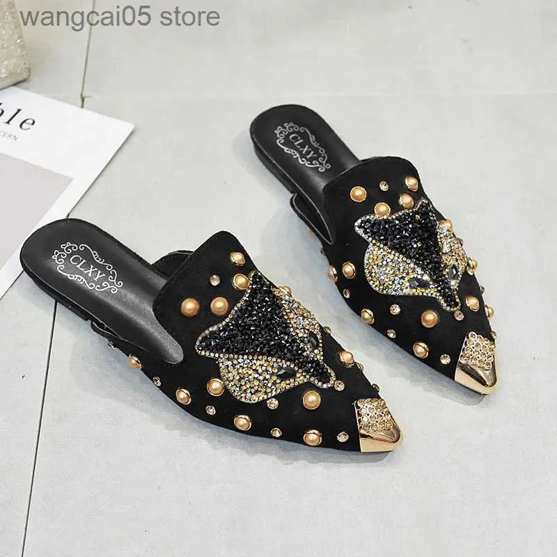 Kapcie kobiety buty mody smyczkowe spiczaste rhinestone Flats Kappery ślizgowe muły sandały slajdy slajdy buty damskie T230817