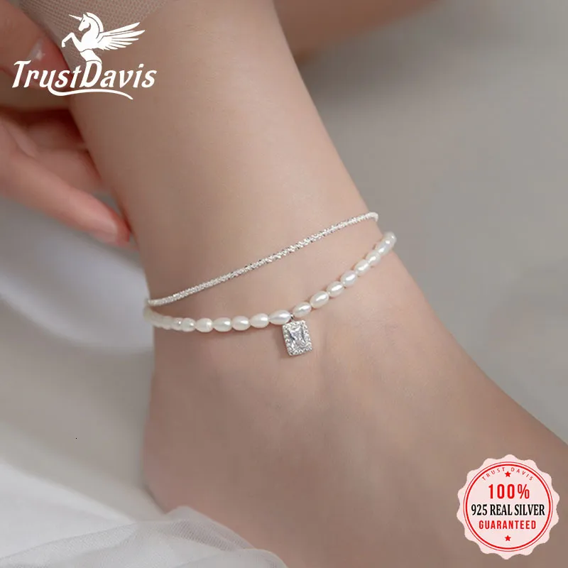 Anklets Trustdavis Luxury 925 Sterling Silver Sweet Double Layer Freshwater Pearl Chain Anklets For Women Wedding Jewelry Gift DA2373 230816