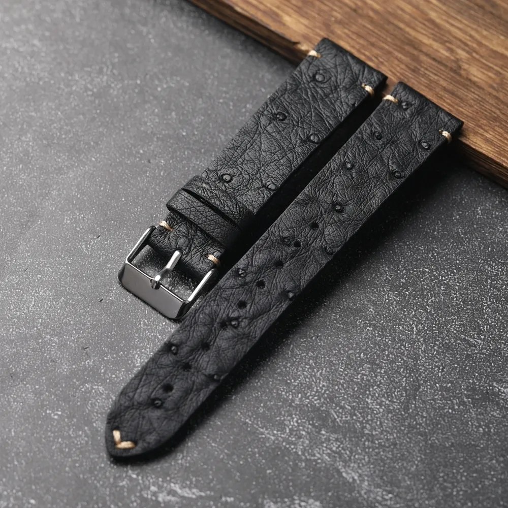 Watch Bands Handmade Ostrich Leather Strap 18 19 20 21 22MM Black Soft Thin Men Bracelet Vintage Leather Bracelet 230817