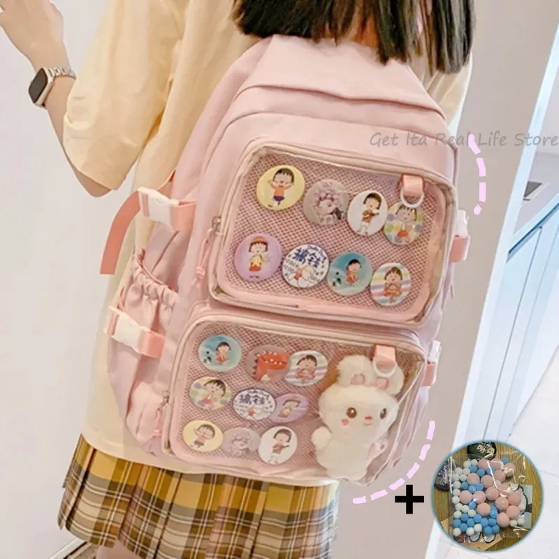 Schooltassen meisjes grote roze ITA -rugzak met twee heldere zakken voor pin display vrouwen grote kawaii tas inzetplaat H221 230817