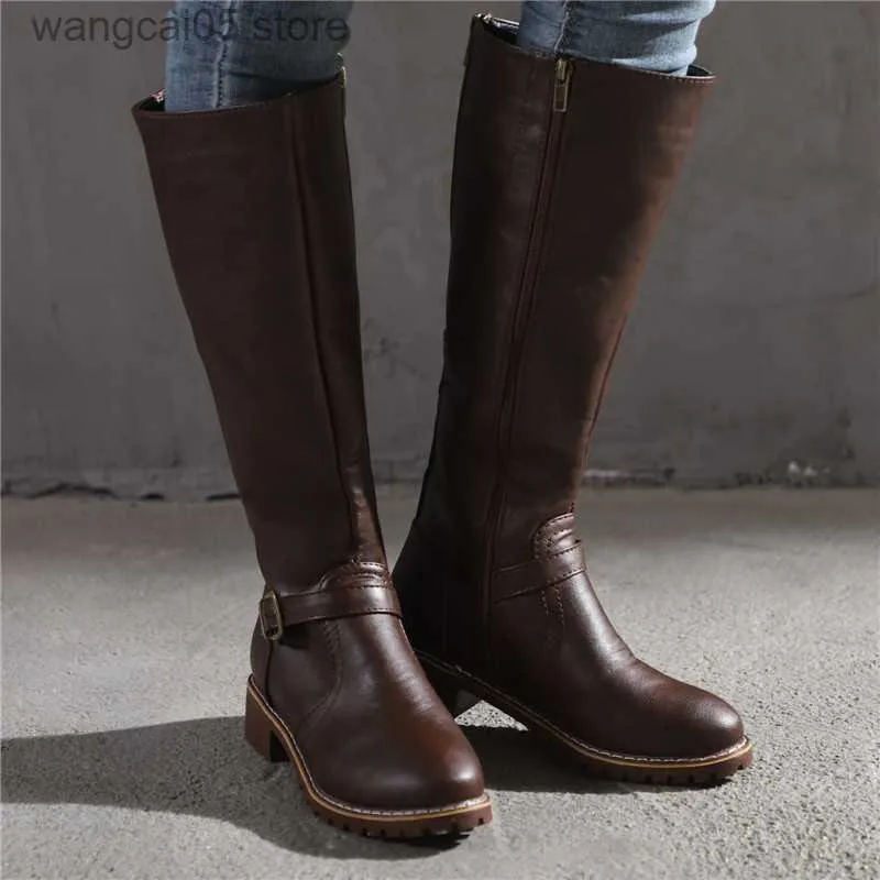 Bottes hautes bouts Boots marron en cuir rétro pour femmes talon carré zipper bouton haut bottes chaussures d'orteil rond chaud t230817