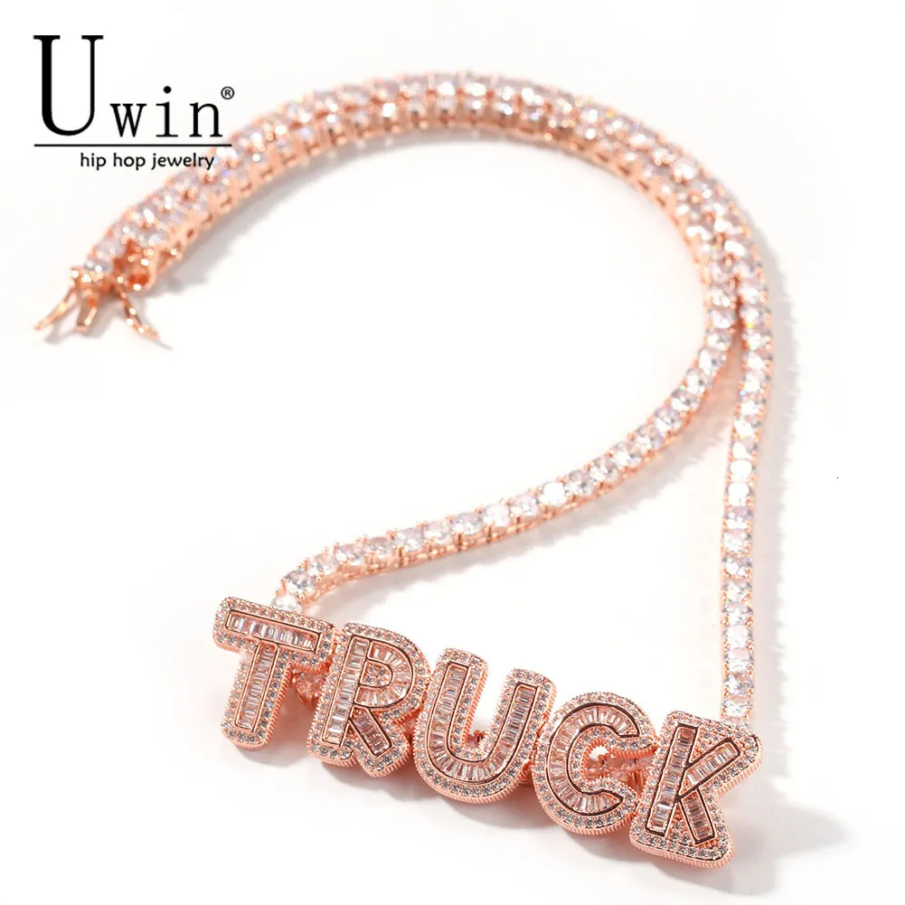 Chokers Uwin Name Necklace Baguette Letters With Tennis Chain Full Iced Out Zircon Pendant Gift Hiphop Jewelry 230817