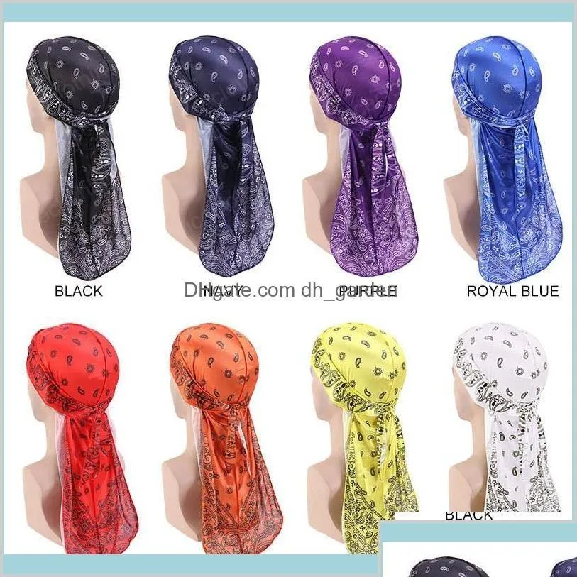 Beanie/Kafatası Kapakları Premium Erkekler Durag Paisley Tasarım Baskı Durags Uzun kayışlar baş fular dalgaları doo du rag türban 84rng beanieskl d dhqtr