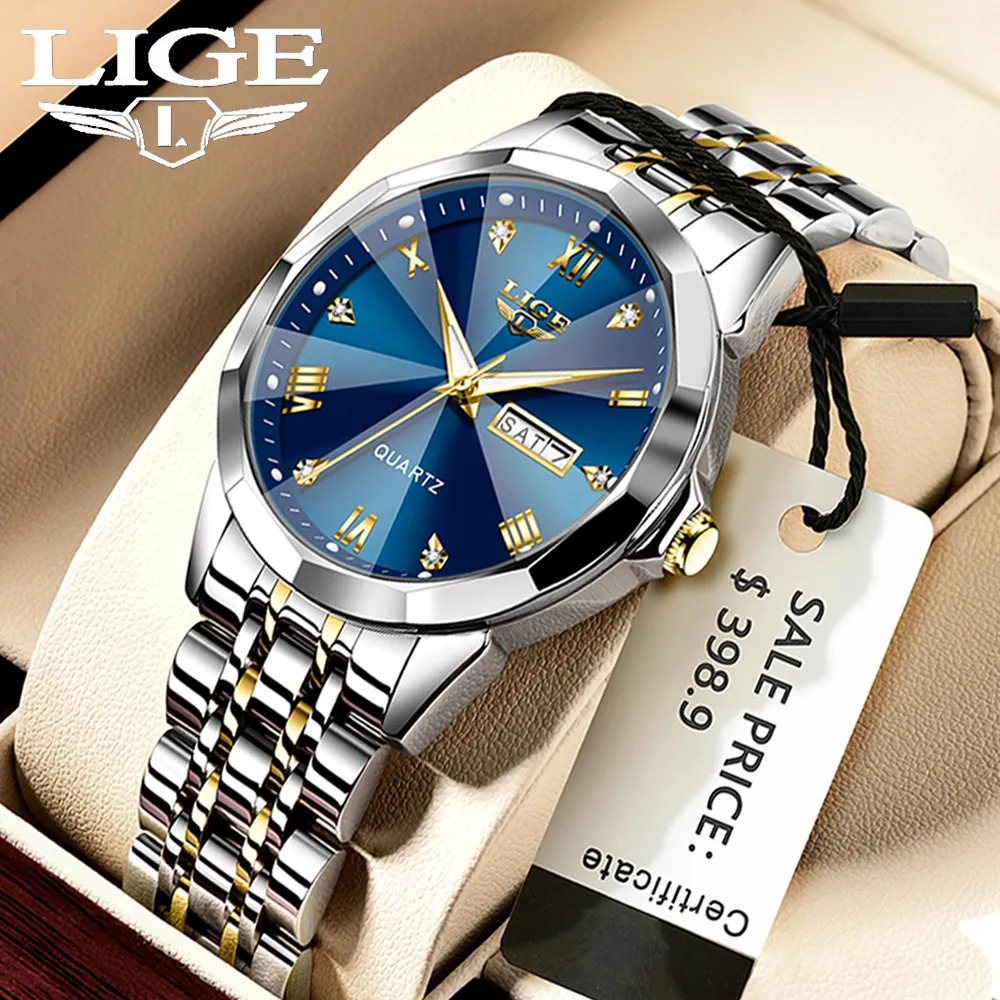 Outros relógios Lige Luxury Men Quartz Watch for Casual Fashion Imper impermeável Data 3C Lume Stainless Steel Watch Relloj Hombre 230816