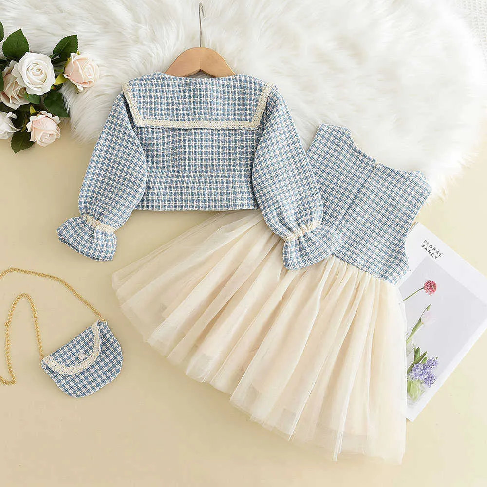 Vestidos da menina outono novas meninas princesa adorável xadrez vestido superior + casaco retro retalhos conjunto moda casual pastoral macio confortável conjunto