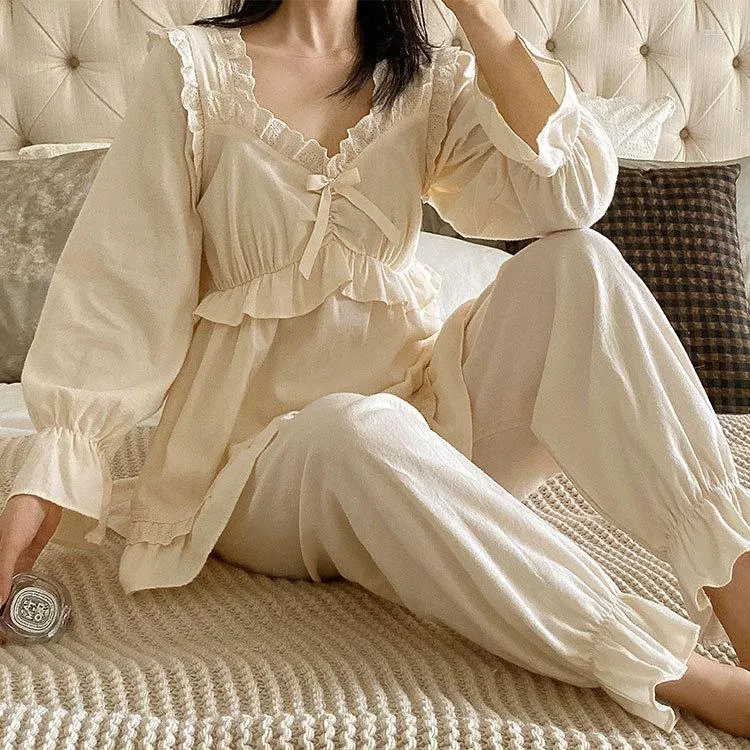 Kvinnors sömnkläder unikiwi koreansk stil aprikos färg fyrkantiga krage spets pyjama uppsättningar.vintage lady pyjamas set nattkläder kläder
