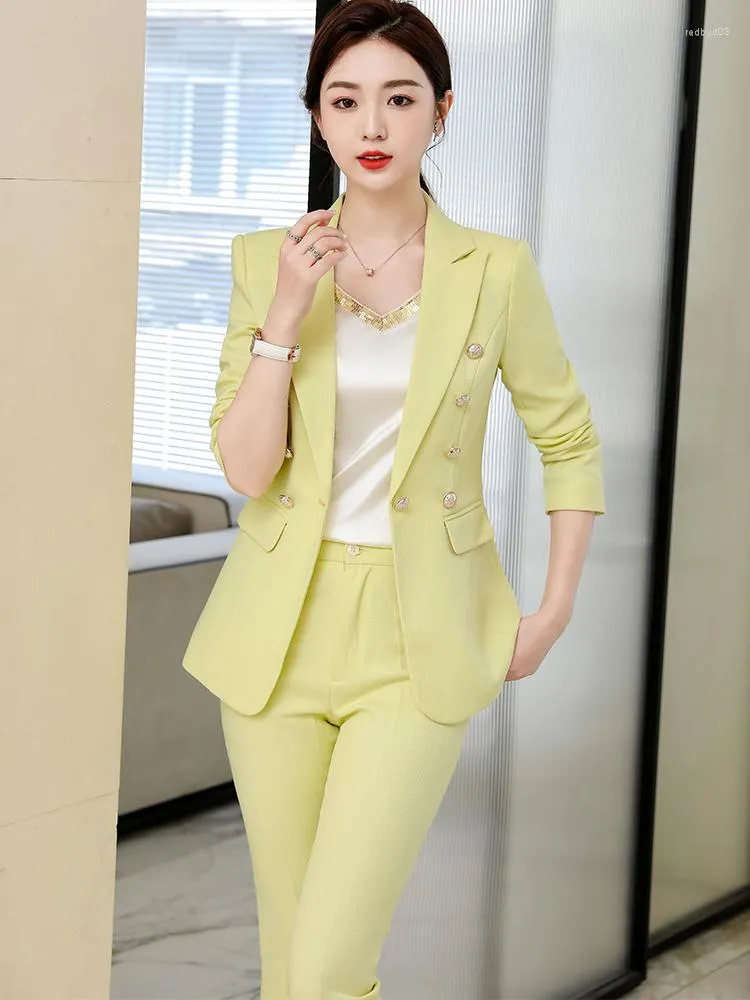 Womens Blazer Pant Suit Elegant Slim Business Office Ladies Set with Trouser