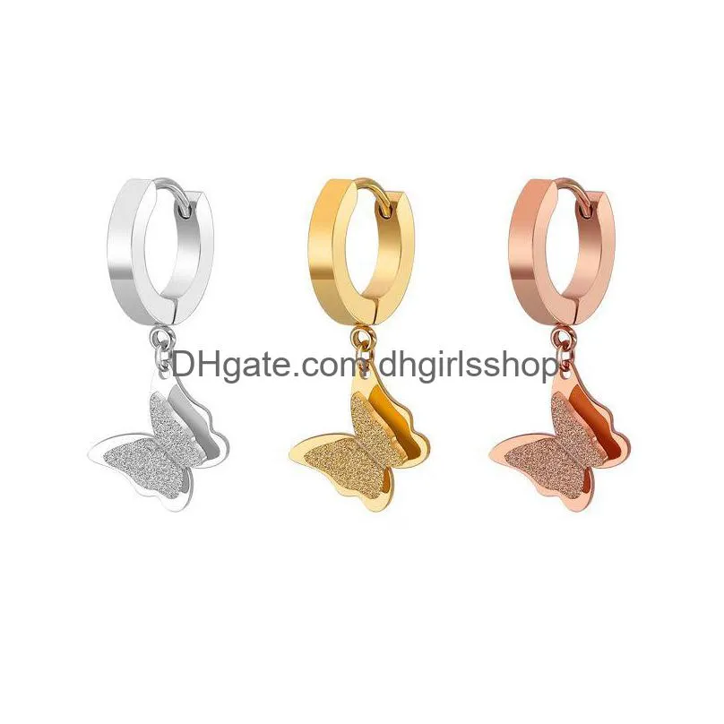 Hoop Huggie Stainless Steel Rose Gold Butterfly Earrings For Women Fashion Jewelry Double Matte Hie Pendants Gift 1 Pair Drop Delive Dhveo