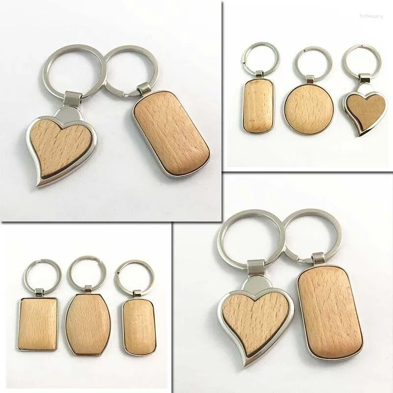 Keychains tomma trä Diy Pendant Wood Heart Oval Borte Key Chain Metal Keyring Jewelry Decor Presentförsörjning