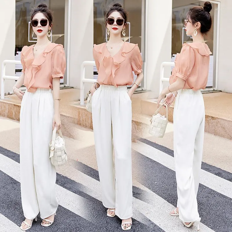 Kvinnors tvåbitar byxor 2023 Summer Women Pieces Suits Short Sleeve Floral Tops Long Wide Leg Trousers Lady 2 Sets