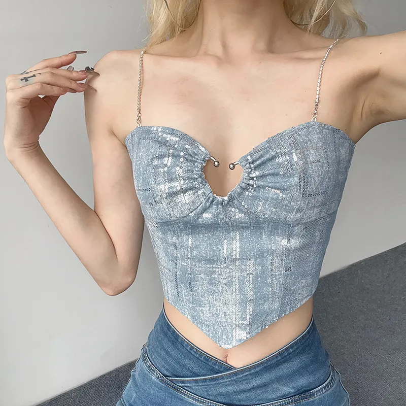 Kadın Tankları Camisole Şık Zincir Kayışı Üst Moda Baskı Backless Bandage Mini Yelek Kadınlar Kolsuz Yaz Tee