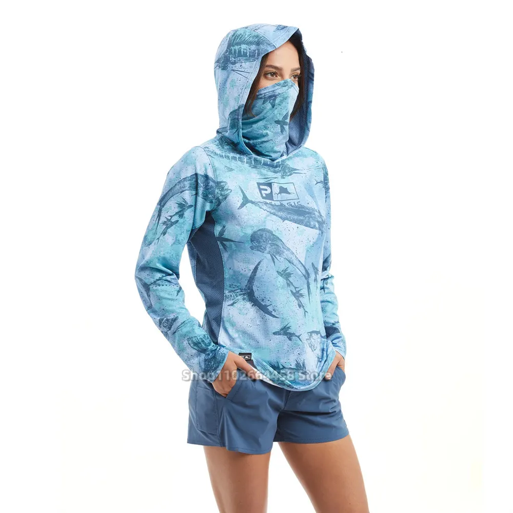 Outdoor Shirts Pelagic Fish Hoodies Women Mask Cap Exo-Tech Hoody LS Fishing Shirts UPF50 Camisa Angling Tops Wear Scarf Muff Apparel Jersey 230816