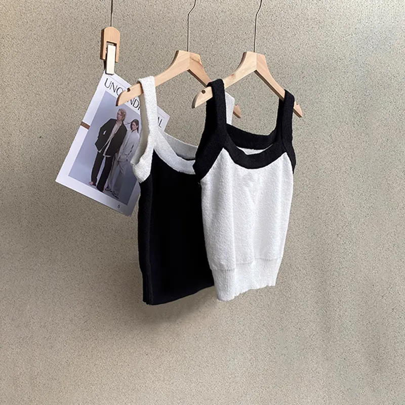 2023 Summer Black Contrast Color Embroidery Camis Camisole Spaghetti Strap Square Neck Knitted Classic Casual Tops G171501