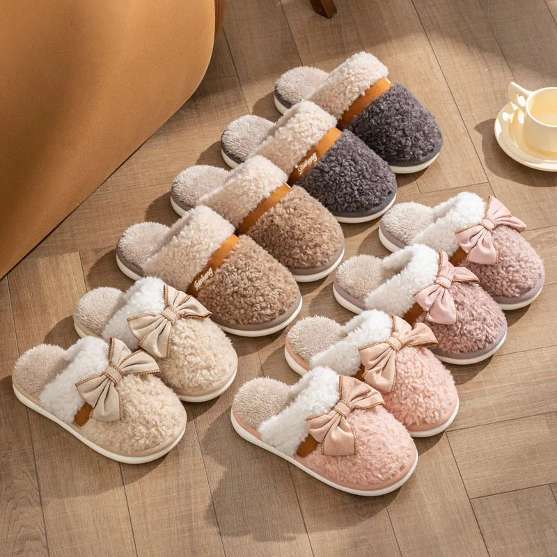 Winter Bow Cotton Slippers Women Men Cute Winter Couple Home Thickened Soft Soled Warm Fuffy Slippers