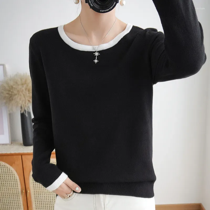 Women's Sweaters 2023 Fall Winter Women Black Bonded Crew Neck Sweater Stretch Warm Skin-friendly Jumper Basic Knitted Pullover XXL Top