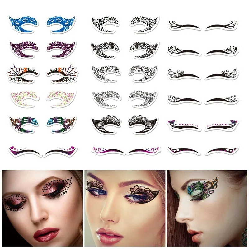 Tatouages ​​temporaires 20 paires autocollants tatouages ​​oculaires imperméables à fard à paupières jetables étanche à œil d'eye-liner d'eyeliner autocollant pour halloween fête cosplay 2308017