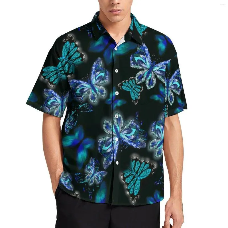 Herren lässige Hemden funkelnder blauer Schmetterling lose Hemd Strand Schmetterlinge Druck Kunst Insekt Hawaiianische grafische Mode übergroße Blusen