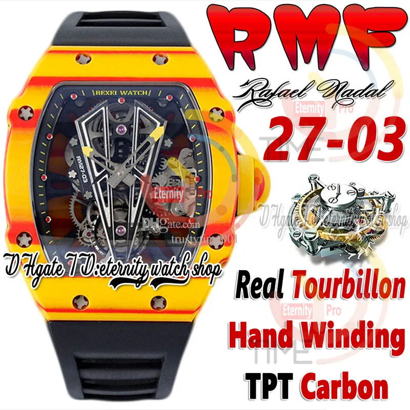 RMF 27-03 MENS Watch Real Tourbillon Hand Winding Red Yellow TPT Quartz Fibre de carbone Cadaire squelette Black Black Rubber Strap 2023 Super Edition Sport Eternity Montres