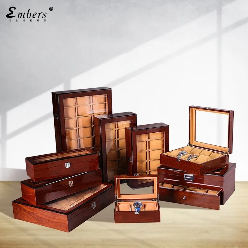 Smyckeslådor Embers Luxury Wood Watch Box 3 5 6 8 10 Slots Träkorn Storage Collection Black Box 230816