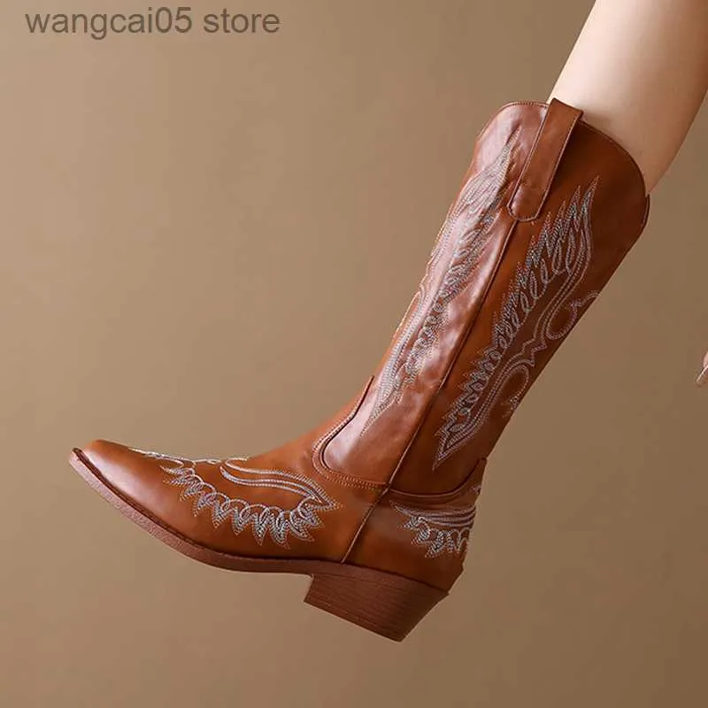 Stivali ricamati da cowboy stivali occidentali donne 2023 autunno cowgirl puntato con tacchi spessi stivali alti stivali alti ginocchini marroni lunghe botas t230817