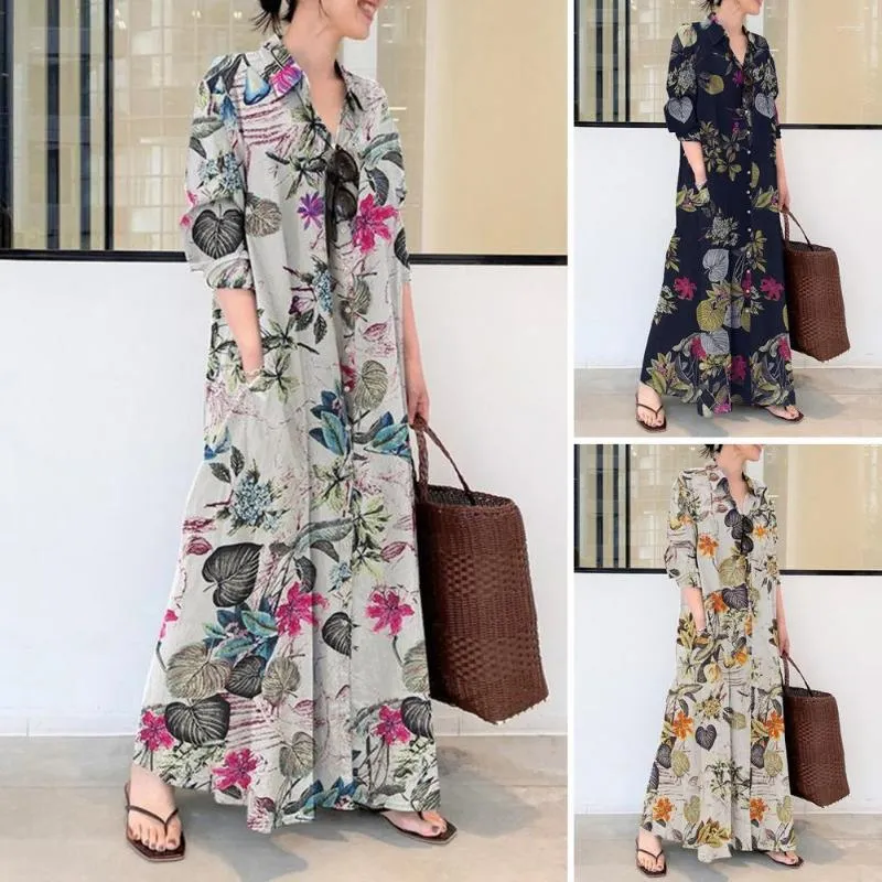 Casual jurken bloem bedrukte jurk kleurrijke print maxi met zakken zacht ademend voor herfst veer enkellengte a-line stijl