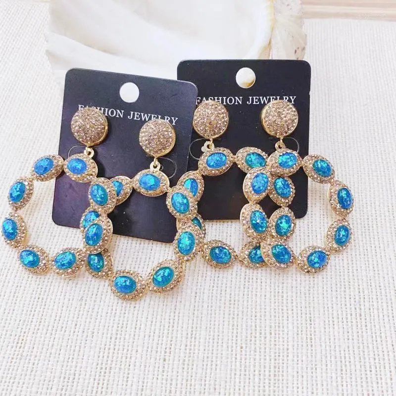 Dangle Earrings 24K Gold Plated Pave Rhinestone Big Round Shape Earring Drop Blue Resin Opal Woman