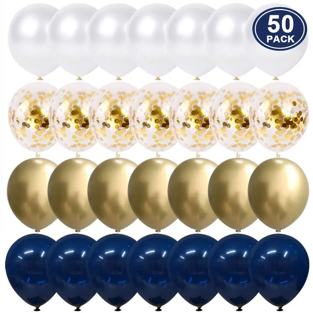 50 piezas de 12 pulgadas de oro metálico Pearl Bobos de perlas Baby Shower Fiesta de cumpleaños azul marino Confeti de oro Látex Decoración de globo de látex