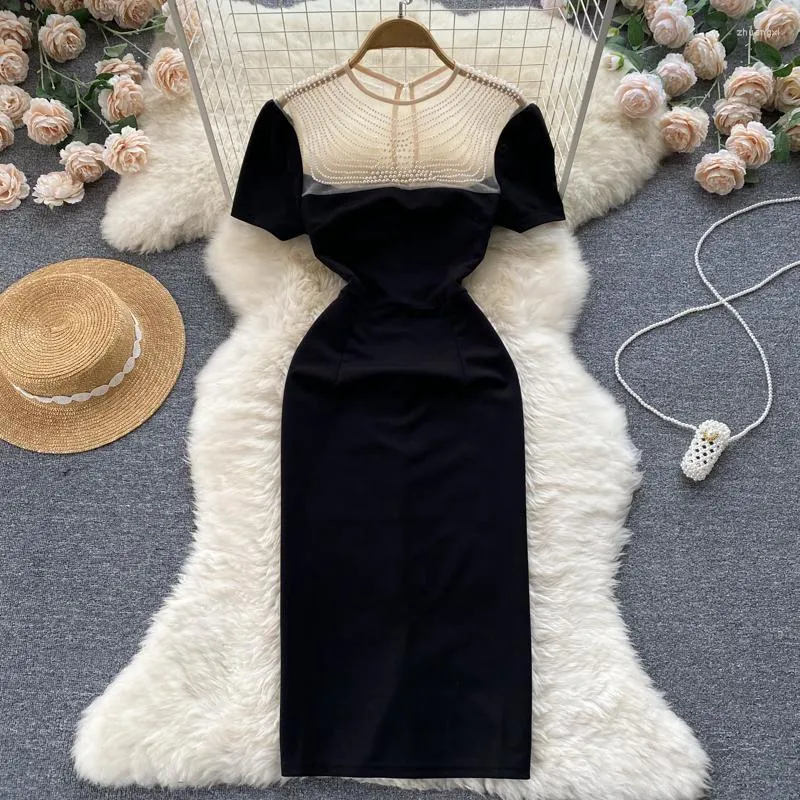 Lässige Kleider 2023 Sommer High-End Elegantes Mesh Perlen Bankett Abendkleid Schlankes Fit Temperament rund Hals schwarze Frauen