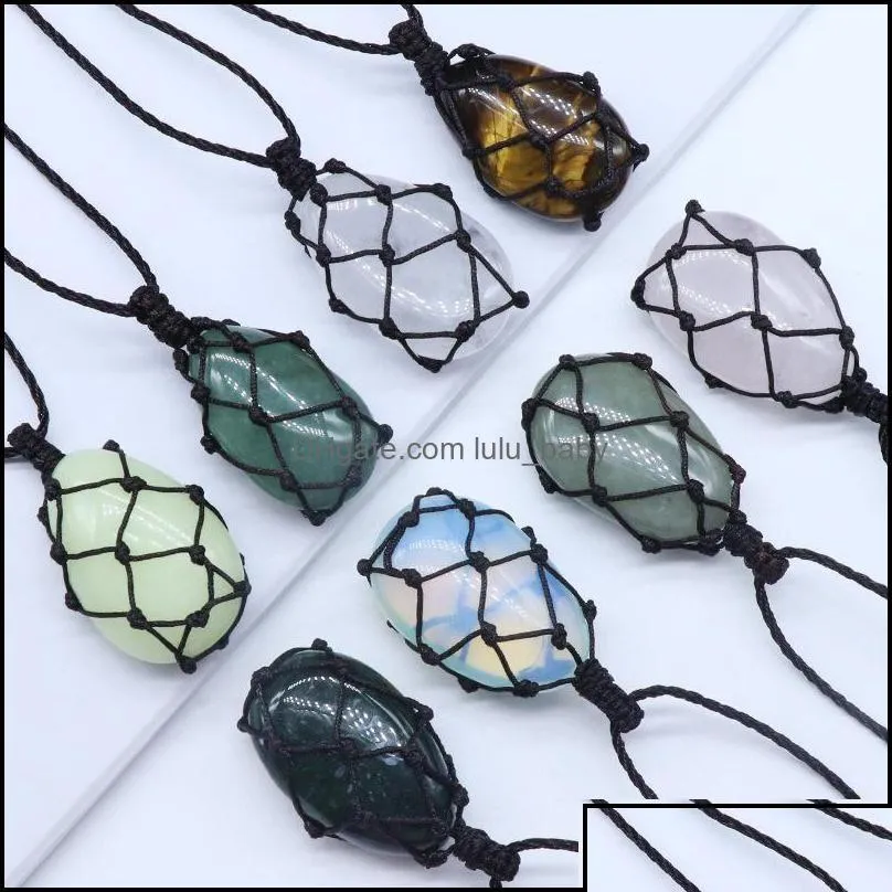 Colliers pendants guérison Crystal ovale Naturel Stone Weave Net Sac Charmes Green Rose Opal Corde Chain de chaîne