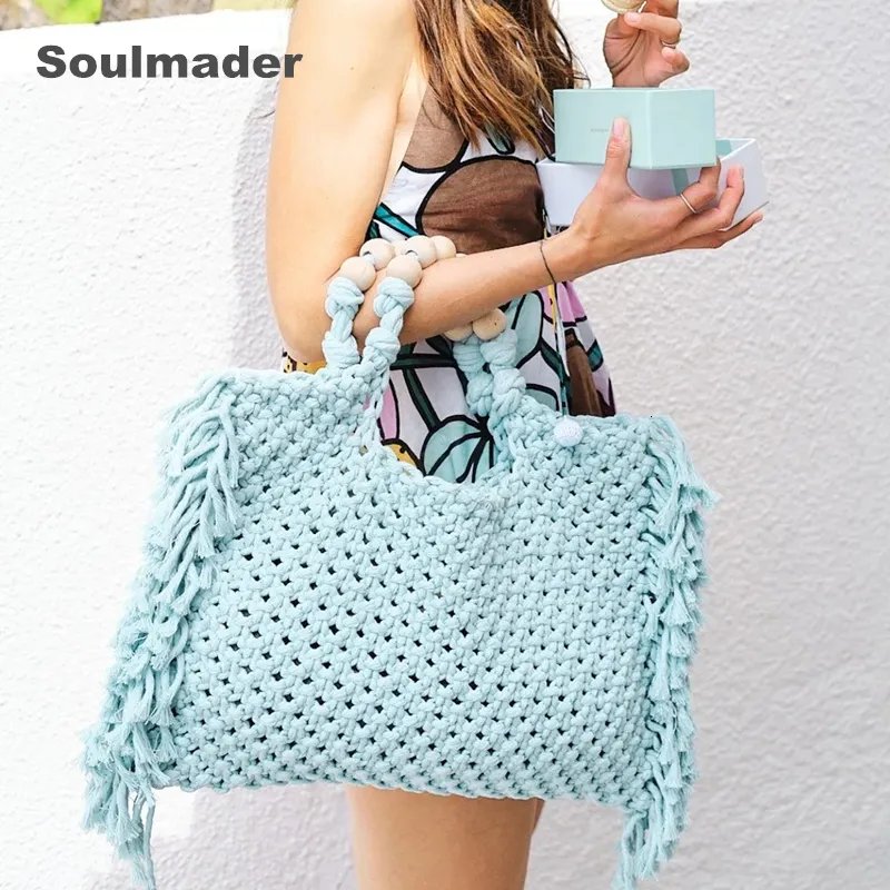Evening Bags Macrame bag wholesale women Crochet boho chic Summer fringe beach tote bag ivory purple green blue black 230816
