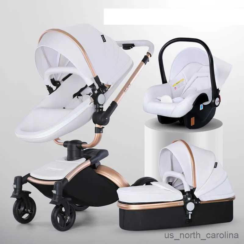 Strollers# Baby Stroller 3 In 1 luxe kinderwagen voor pasgeboren koets leer hoog landschap trolley auto roterende babyshell R230817