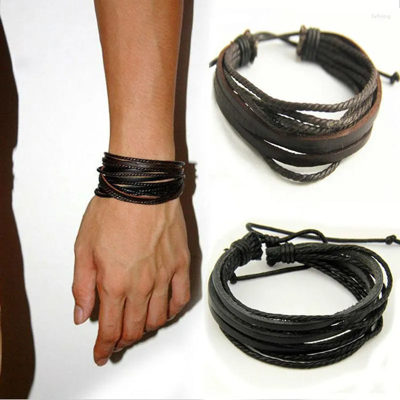 Braccialetti fascino moda marrone nero marrone in pelle fatta a mano intrecciata surfista maschile braccialetti avvolgimento del braccialetto