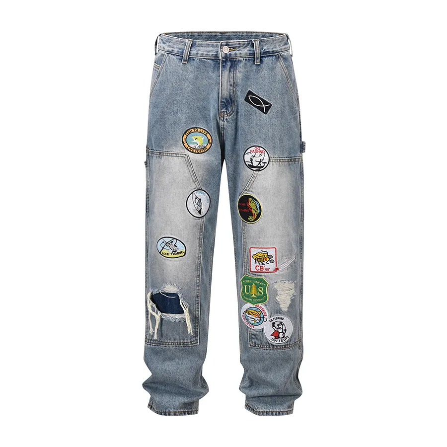 Hip Hop Pants Jeans Mens Patch Straight Cargo Denim Pant Men Casual Trousers