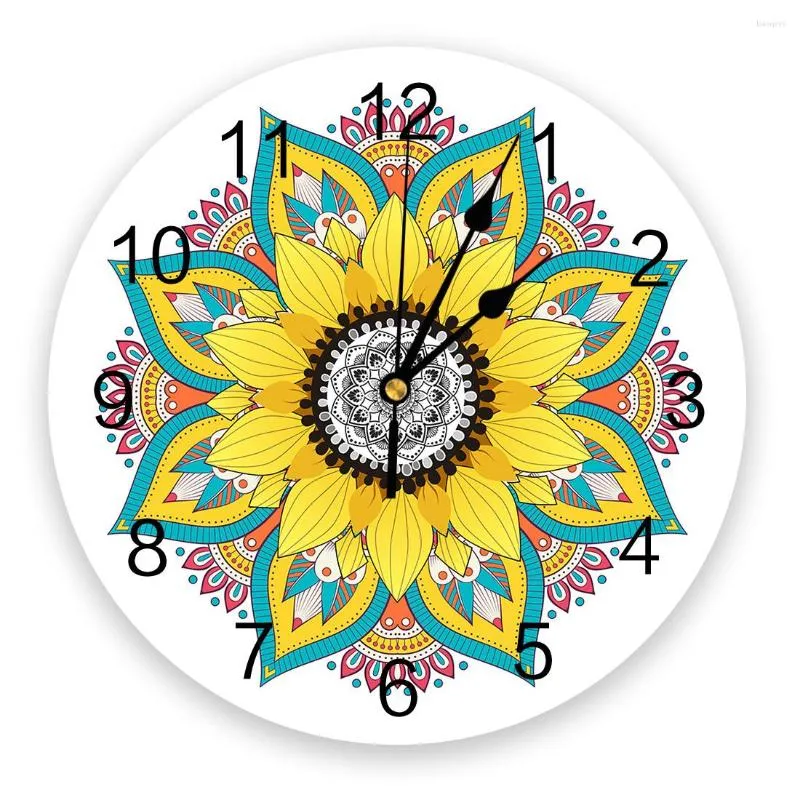 Wall Clocks Mandala Sunflower White Kitchen Round Desktop Digital Clock Non-ticking Creative Childrens Room Watch