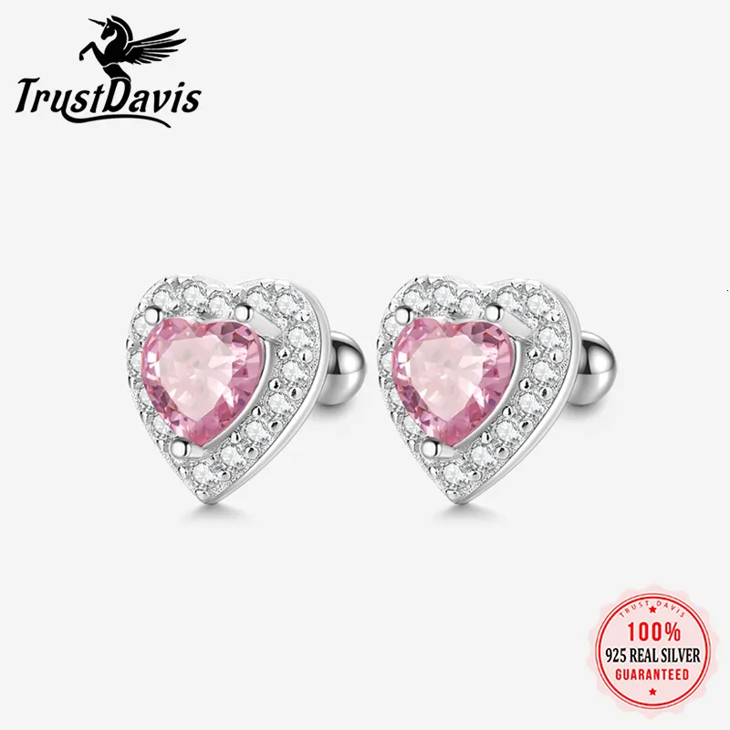 Stud TrustDavis 925 Sterling Silver Pink Red Heart Pendings para mujeres Joyas de regalo de cumpleaños para mujeres Niñas DS3921 230816