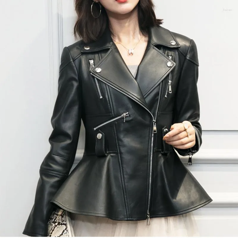 Women's Leather Moto Biker Zipper Spring Medium And Long Sheepskin Slim Fit Coat Office Lady Ruffles Lapel Genuine Jacket