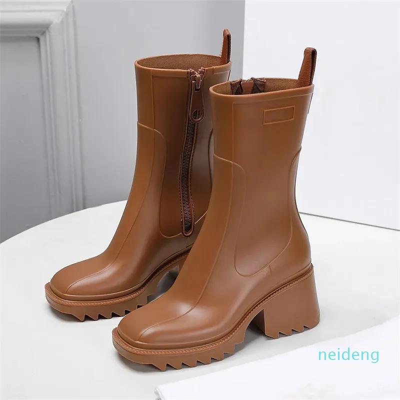 Designer -Ankle Boot Women Leather Rubber Rainboots Waterproof Tall Welly High Heels PVC Beeled Platform Boot