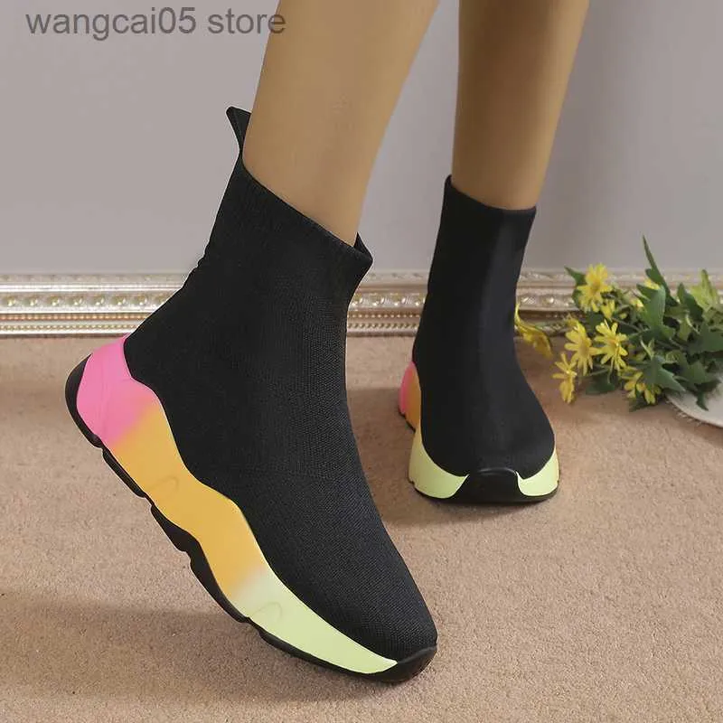 Boots Breathable Knitted Stretch Sock Boots Women 2023 Autumn Rainbow Color Thick Bottom Ankle Boots Woman Plus Size 43 Sock Shoes T230817