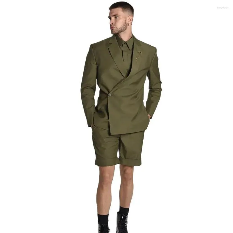 Mäns kostymer Army Green Mens Suit Set Double Breasted Slim Fit Short Pants Summer Tuxedos skräddare Made Gentleman Casual Outfit Wear