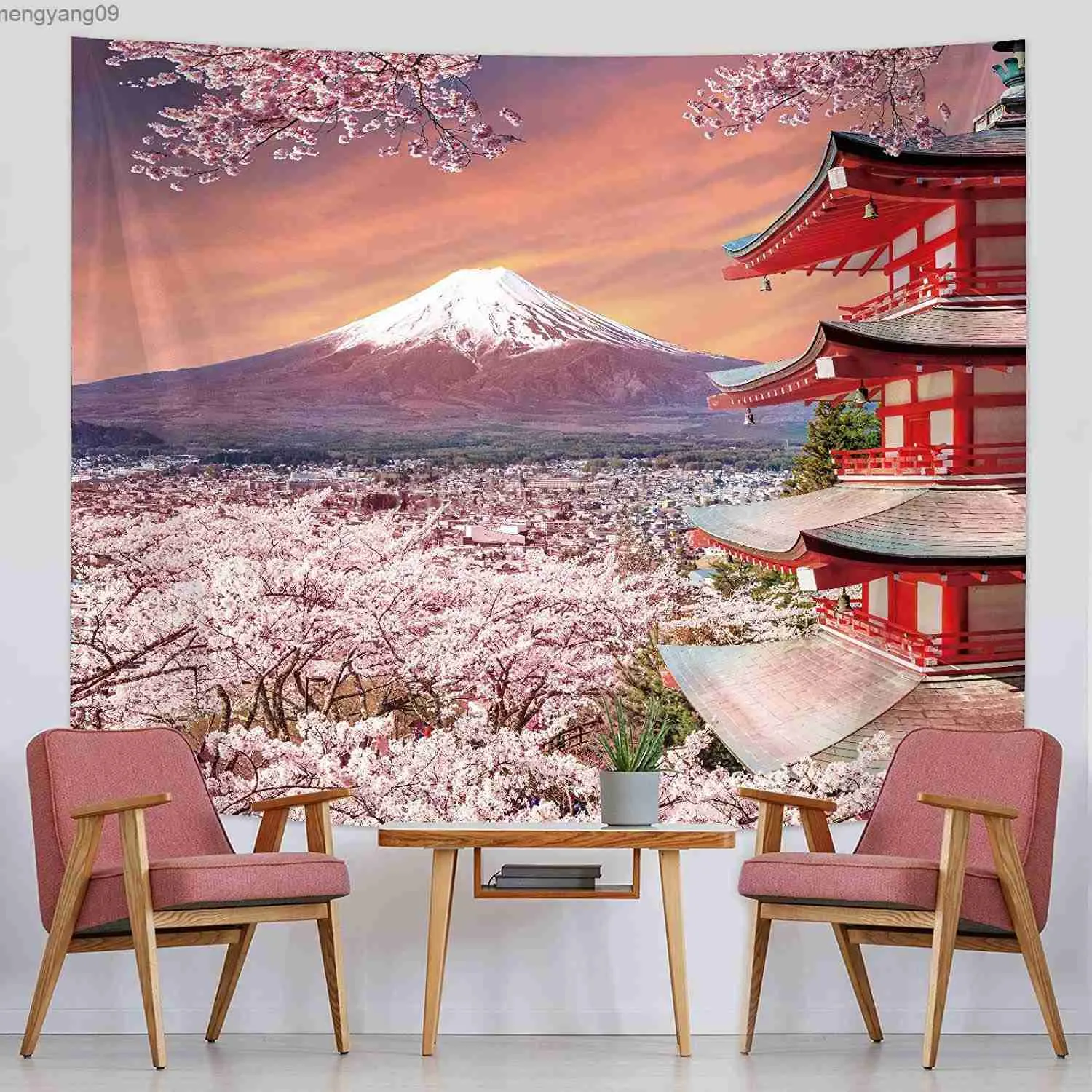 Taquestres de tapeçaria japonesa parede de parede pendurada na bandeira de foto da montanha de fuji background background japão pagoda wall arte r230817