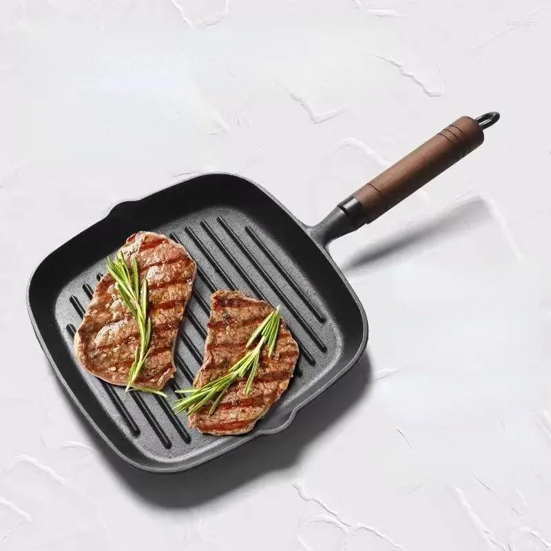 Pans Thickened Wooden Handle Steak Frying Pan Cast Iron Uncoated Non-Stick Stripes Grilled Fillet Dedicated Pot