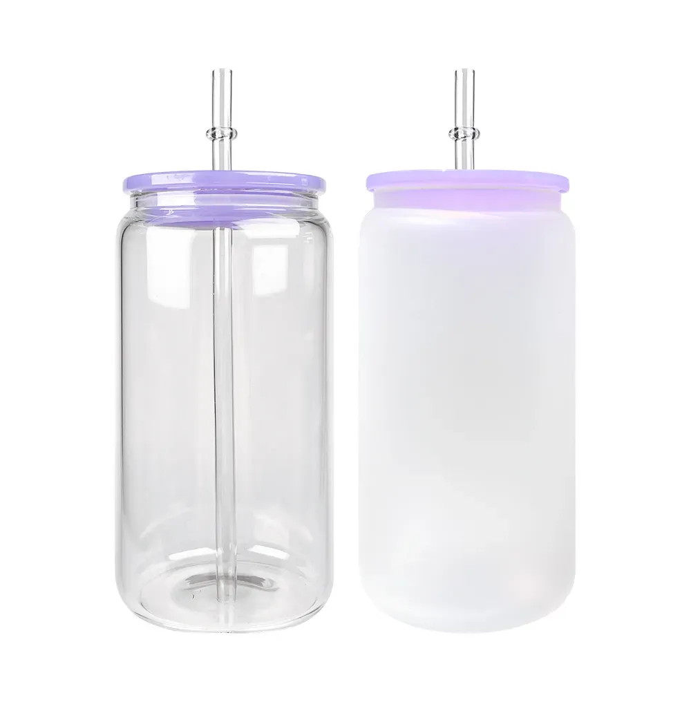Blank Sublimation 16oz Glass Can with PP Lids Tumbler shape Bottle with Lid and Straw Summer Drinkware Mason Jar Juice Cup