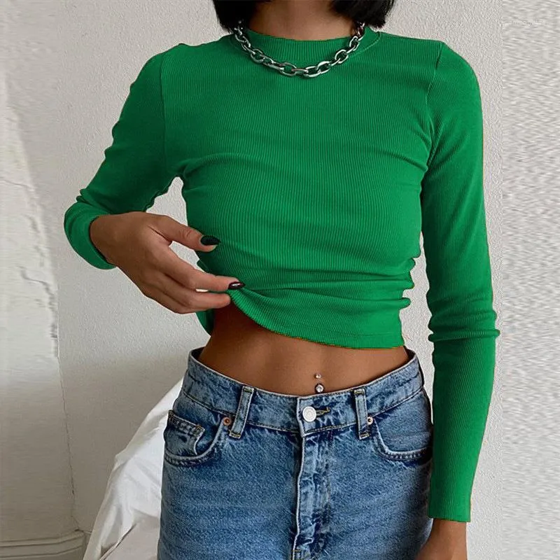 Women's T Shirts Casual O Neck Ribber Shirt Green Women Autumn Ladies Clothing Solid Slim Knitted Skinny Sexy Cropped Long Sleeve Tops