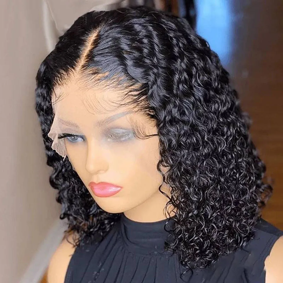 髪のブラジルの水波短い巻き巻きボブウィッグ4*4レースクロージャーウィッグ220％密度レースフロントヒューマンヘアウィグ黒人女性のため