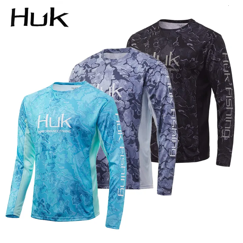 Utomhuströjor HUK Fisktröjor SPF 50 Moisture Wicking Polyester Performance Fishing Wear Män långärmad ventilerad sublimerad fiske tröjor 230817