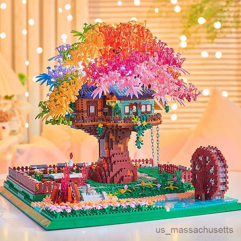 Blocks Creative Rainbow Sakura Tree House Building Blocks City Street View with Light Model Micro Assemble B Toys Kids Adult Gifts R230817