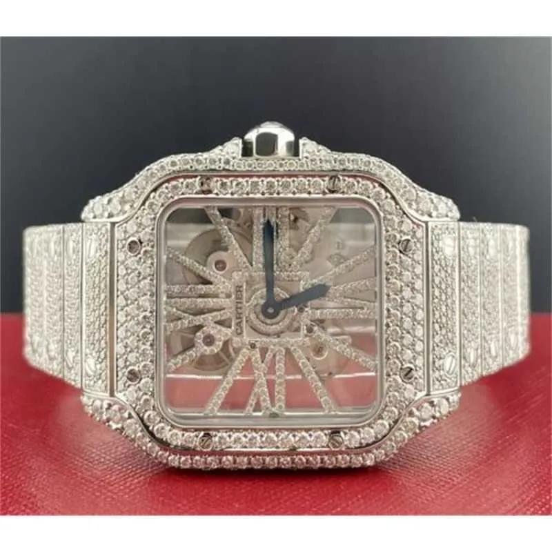 Luksusowe zegarki CT szwajcarskie zegarki CT Santos szkielet męski 40 mm stalowy zegarek Roman Iced Out 22ct vs Diamonds