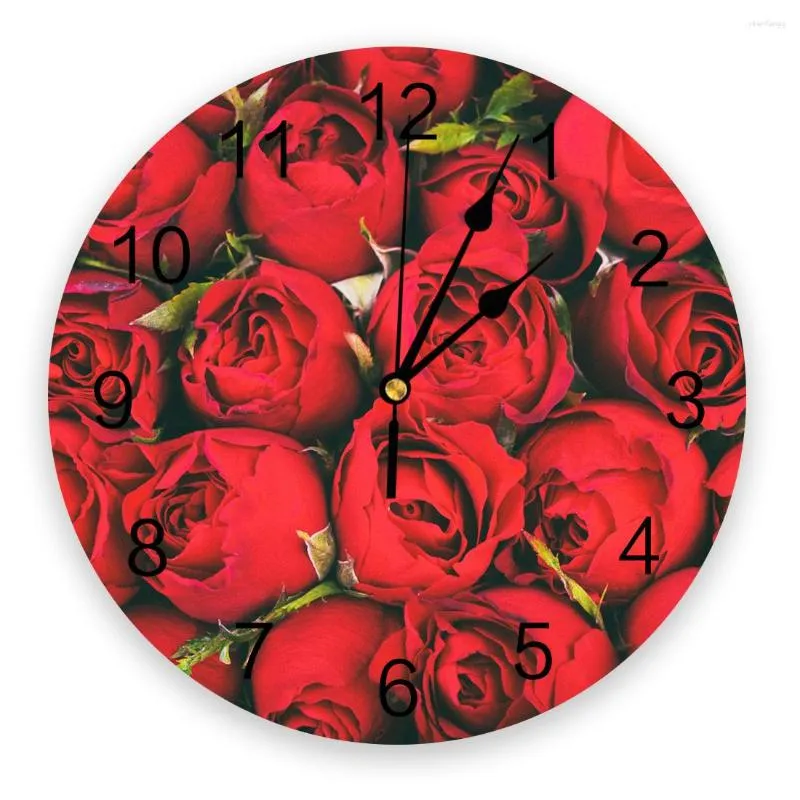 Wall Clocks Red Roses Flower Modern Clock For Home Office Decoration Living Room Bathroom Decor Needle Hanging Watch