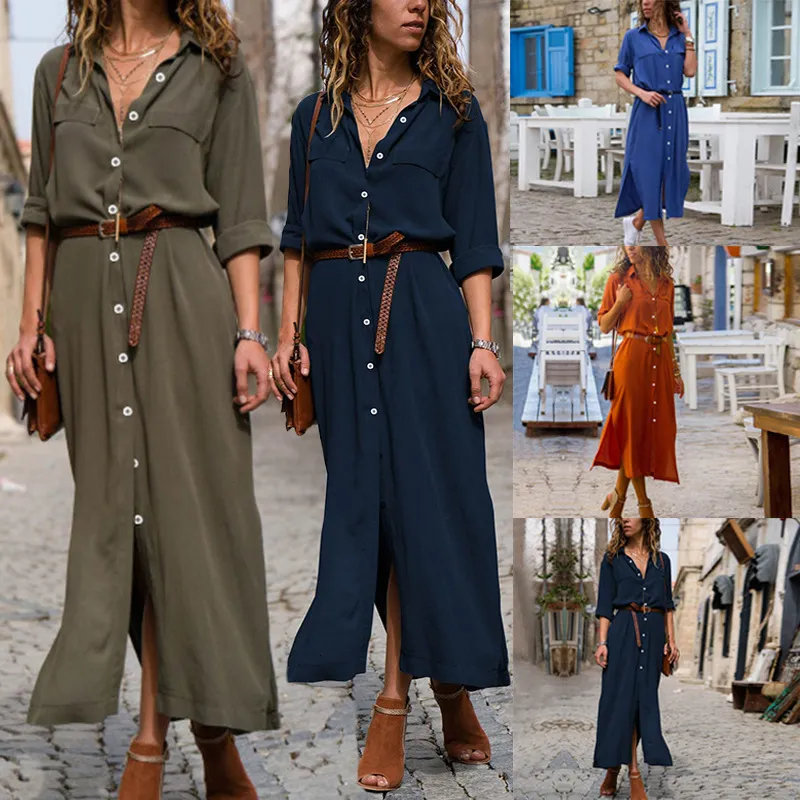 Basic Casual Dresses Jocoo Jolee Autumn Winter Button Side Split Long Dress Women Solid Loose Ladies Sleeve Midi Vestidos 230817