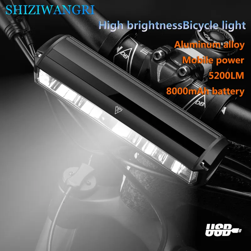 Luzes de bicicleta 5200lumen Bicycle Light LED Recarregável MTB FRONTLHO CARTO DO FARÇO 8000mAH Acessórios de lanterna de lâmpada 230816